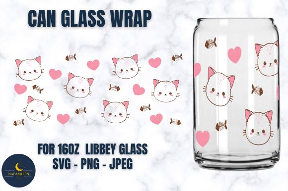 Cute Cat Can Glass Full Wrap Embroidery Design